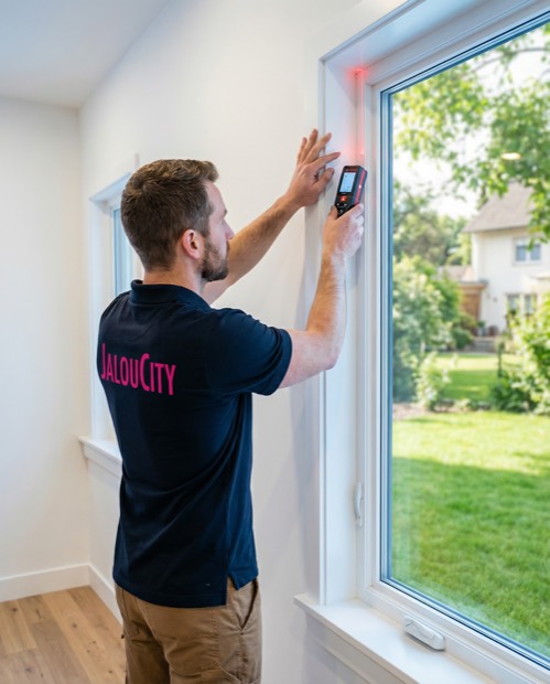 Monteur misst ein Fenster aus