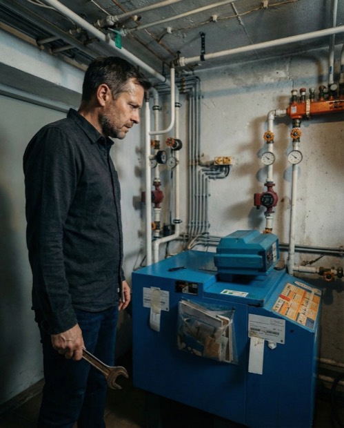 Heizungsbauer an einer modernen Heizungsanlage
