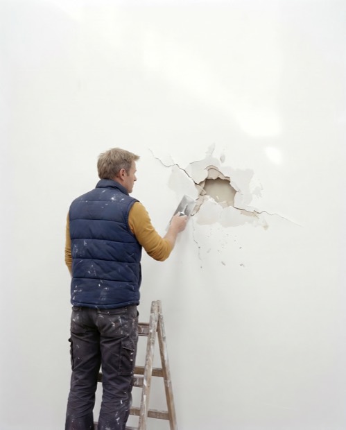 Maler verputzt eine Wand von der Leiter aus